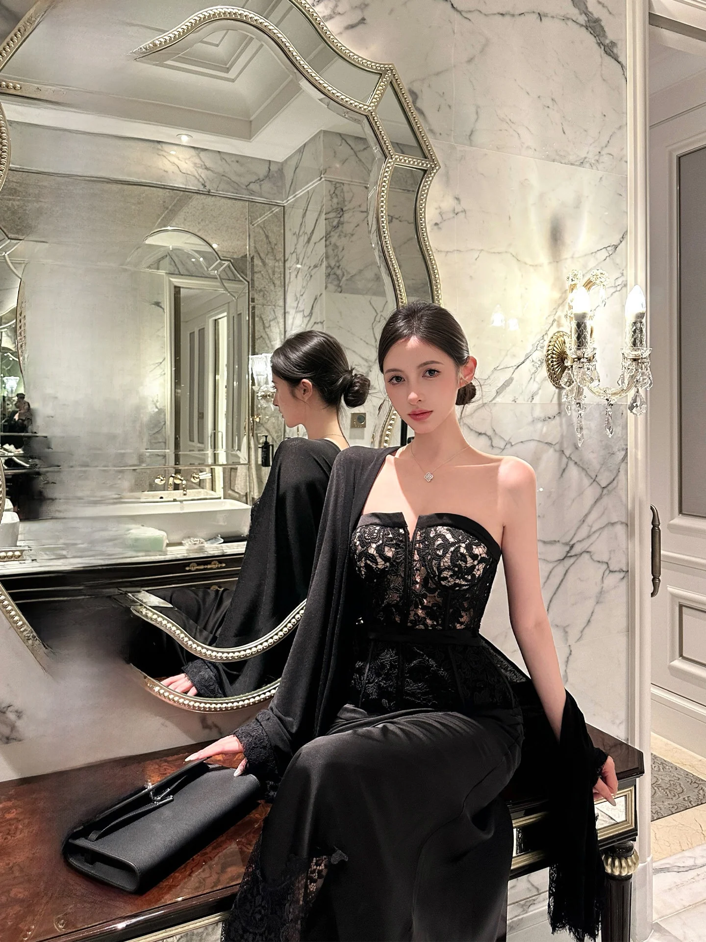 

Black Water Soluble Lace KnittedShoulder Half Skirt Set Sequin Fish Tail Gown for Women Spring Season Four Seasons Fashion