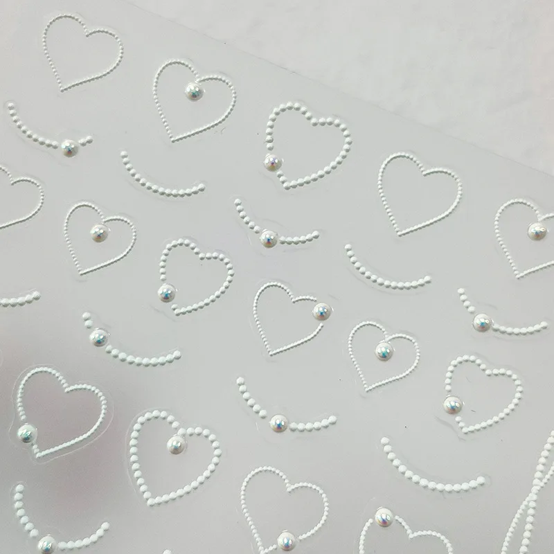 1sheet White Heart Pearls Nail Stickers Adhesive Slider Decals Waves Lines Embossed Nail Art Sticker Decal Manicure Decoration