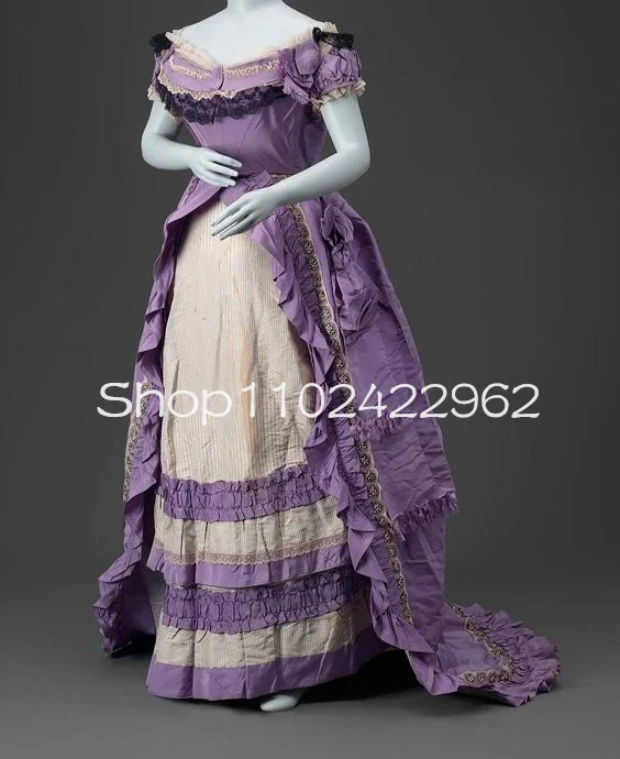 

Customized Lilac Lavender Silk Victorian Ball Gown Prom Dresses Ruched Lace Ruffles Off Shoulder Costume History EveningDress