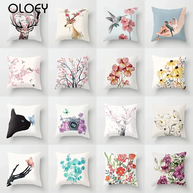 Bird and Flowers Cushion Cover Classic Polyester Pillowcase Sika Deer Butterfly Decorative for Sofa Couch Living Room Home Decor