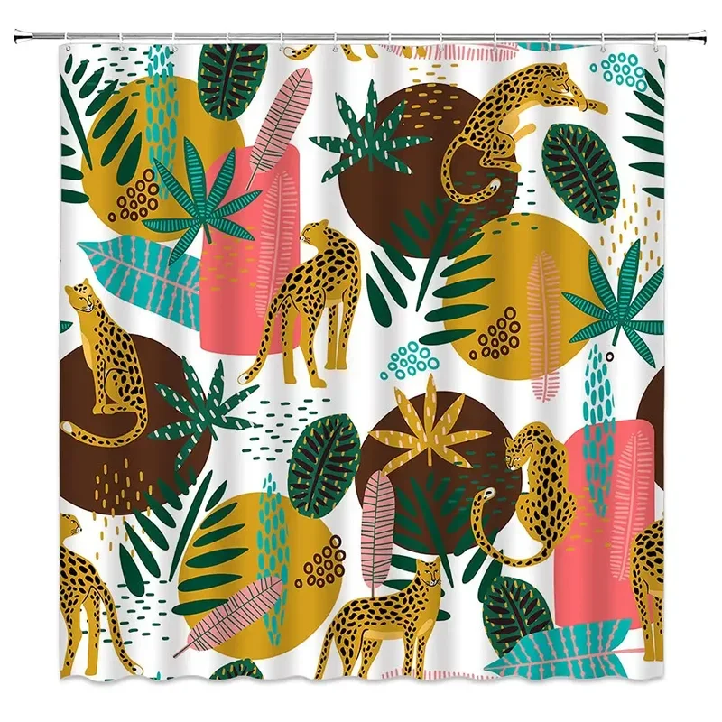 

SUBoho Cheetah Shower Curtain,Tropical Leopard Wildlife Bath Curtain,Modern Pink Aesthetic Moon Phase Blue Floral Bathroom Cur&