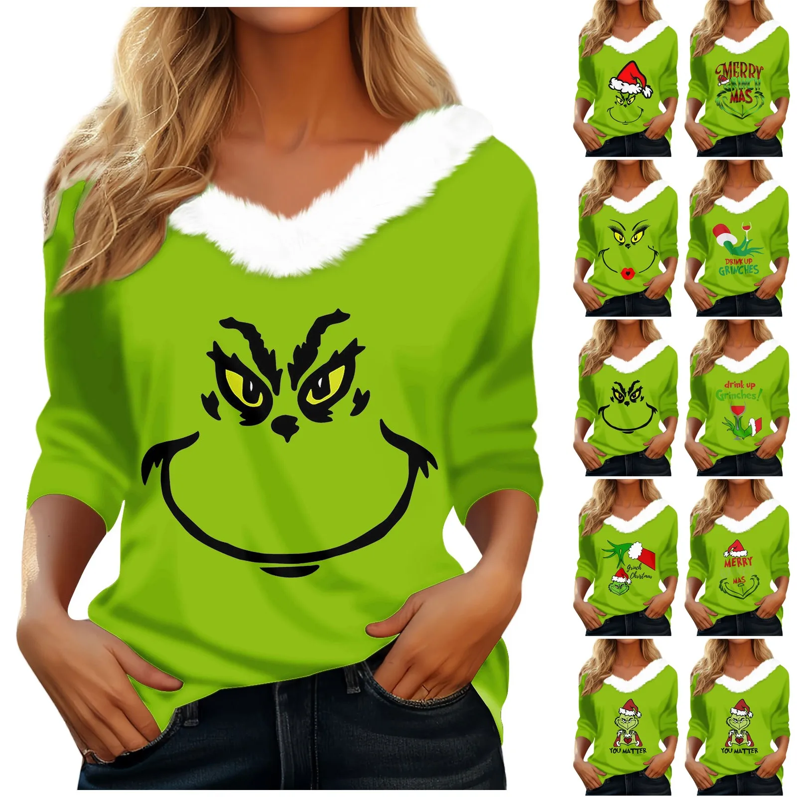 Women\'S T Shirt Tee Christmas Shirt Long Sleeve Party Christmas Fleece Collar V Neck Top Ropa De Mujer Ofertas Con EnvíO Gratis