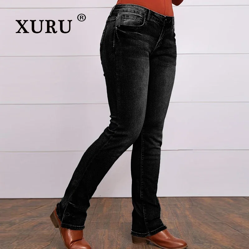 XURU-Elastic Slim Fit Straight Leg Jeans for Women, Embroidered Street Long Jeans, European and American, K16-3006