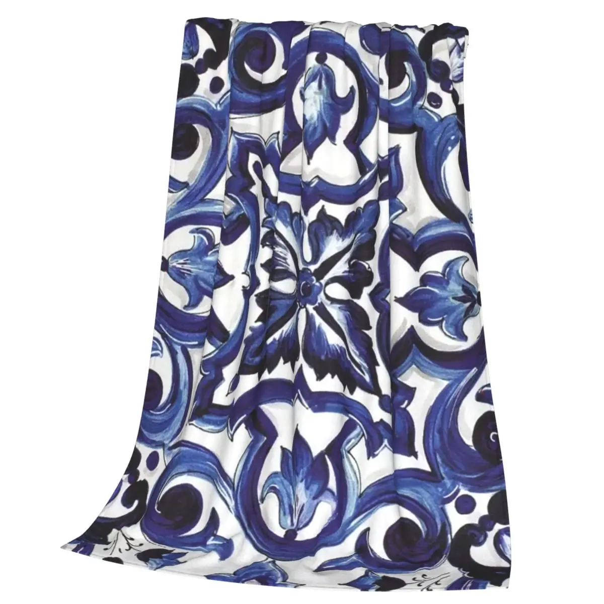 Blue Ornate Floral Mediterranean Sicilian Tile Blanket Soft Warm Flannel Throw Blanket Cover for Bed Picnic Travel Home Sofa
