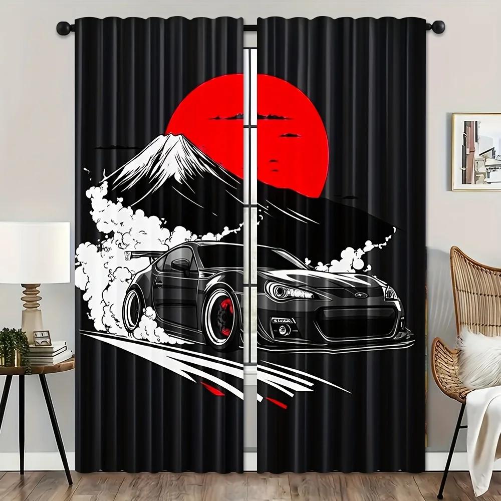 Japanese Anime JDM Car Print Curtain Blackout Window Drapes Mount Fuji Tokyo Style Room Decor Living Room
