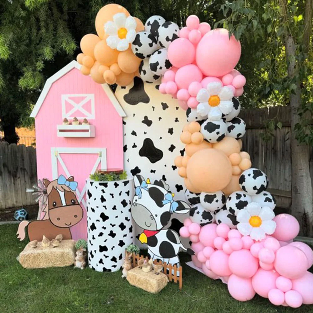 118Pcs Cow Farmland Theme Party Pink Balloon Garland Arch Kit Daisy Cow Printed Balloons for Farm Birthday Party Decor Supplies