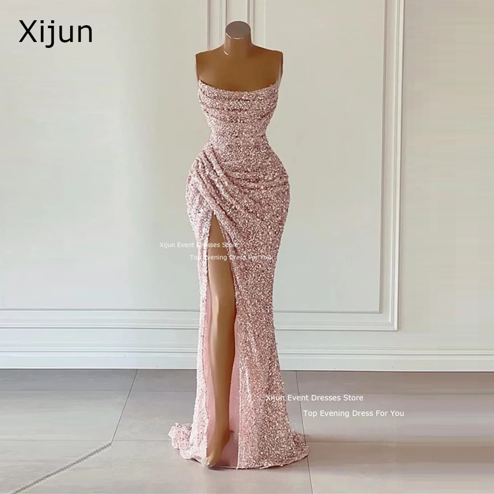 

Xijun Pink Mermaid Evening Dresses Strapless Sequins Long Prom Dresses With Side Slit Formal Prom Gowns Saudi Arabric Party Gown