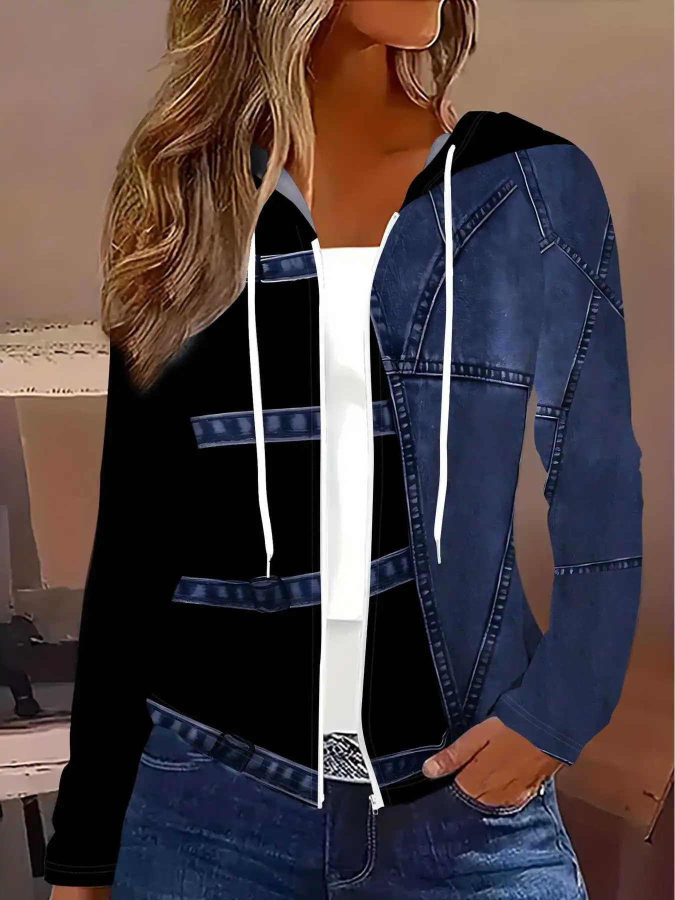 Printed Design Denim Patchwork Design With Hoodie Style Spring and Autumn styles casual style ladies' casual jacket