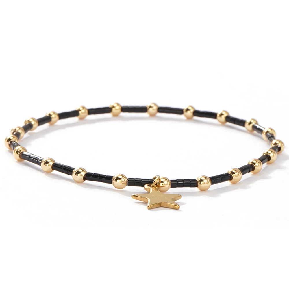 1 قطعة بوهو ستار سحر سوار مُزين بالخرز للنساء الأسود ميوكي البذور الخرز مطلية بالذهب النحاس مجوهرات قابل للتعديل متعدد الطبقات التفاف