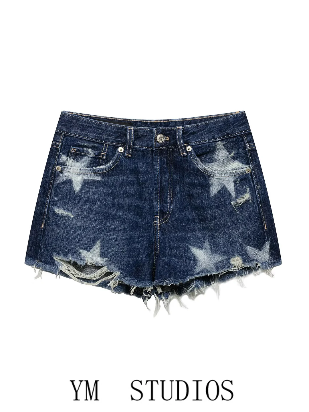 Women's Vintage Star Washed White Hole Denim Shorts Summer Fashion Frayed Hot Pants Straight Leg Slightly Elastic Natural Waist