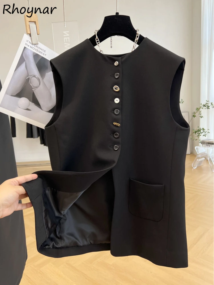 

Solid Vests Women Spring Office Ladies Leisure Simple All-match O-neck Design Button Popular Korean Style Trendy Temperament