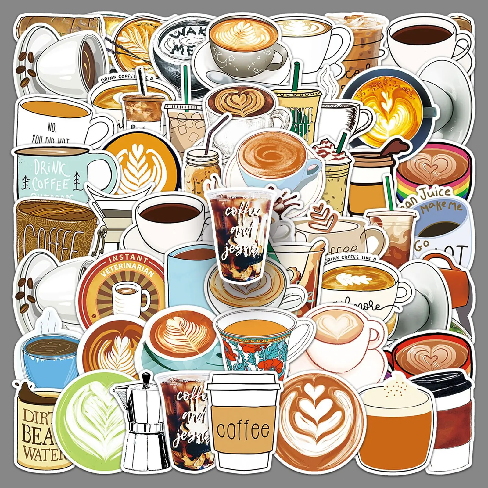 50 Coffee Cartoon Stickers, Personalized Graffiti, DIY Notebook, Account, Luggage, Scooter, Motorcycle Decoration
