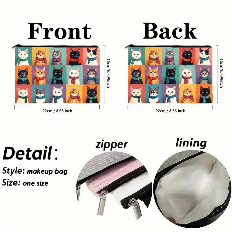Cute Cat Print Makeup Bag, Zipper Closure Foldable Cosmetic Organizer, Travel Toiletry Pouch, Women & Men Gift for Cat Lovers