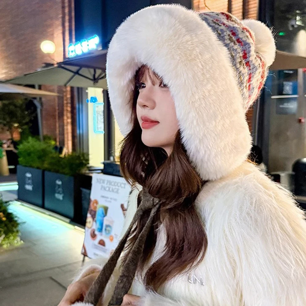 Cute Retro Winter warm Hat for Women Korean Girl Sweet Plush Cap Winter Outdoor Thickened Hats Fashion Knitted Caps