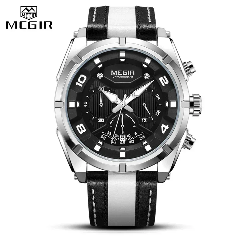 Megir relógio masculino marca superior de luxo couro militar esporte cronógrafo quartzo relógios masculinos grande mostrador à prova dwaterproof água relogio masculino