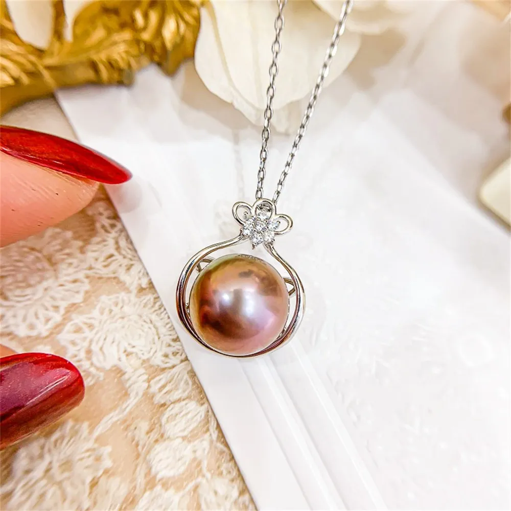 DIY Pearl Accessories S925 Sterling Silver Pendant Empty Tray K Gold Jade Necklace Pendant Fit 11-13mm Round Flat Beads D349