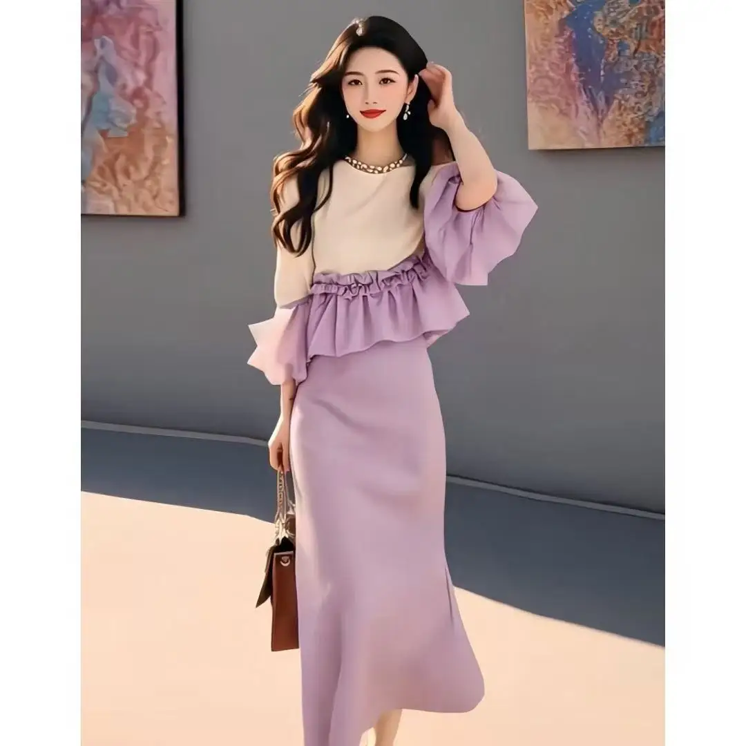 

Elegant French Lady Style Spring Outfit Women's Top And Skirt Set With Gathers High End Feeling Slimming Midi Skirt 2-piece Set
