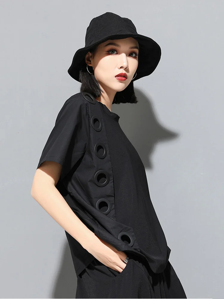 Women Black Hollow Out Spliced Casual Big Size T-shirt New Round Neck Short Sleeve Fashion Tide Spring Summer