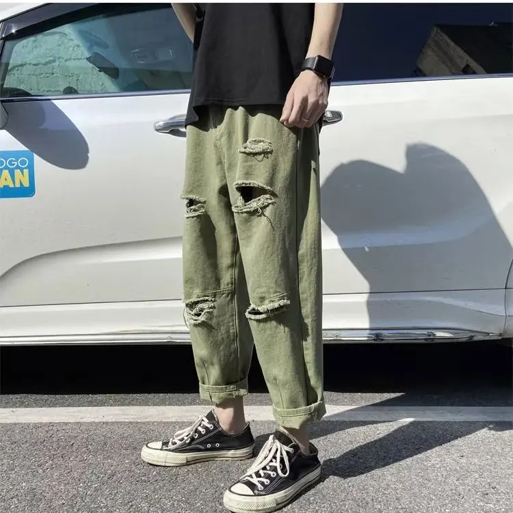 Plones vaqueros ajustados rasgados de moda para hombre, estilo fino de verano, informs, sueltos, de pierna recta, ne...