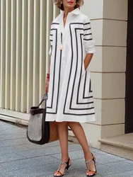 Uoozee Female Stylish Black White Contrast Color Elegant Evening Dresses 2024 New Spring Long Sleeves Casual Lapel Shirts Dress