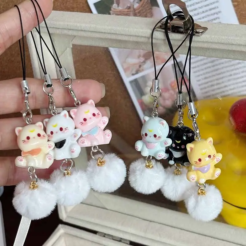 

New Cute Cartoon Cat Phone Chain Resin Keychain for Girls Students Couple Best Friend Gift Bag Pendant