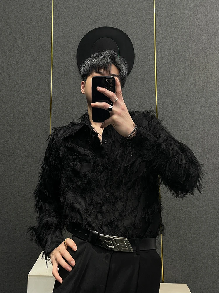 

Korean Sle Long Sve Men's irt Feather Tassel Personali Loose Fit Versatile ular Internet irt Youth Summer