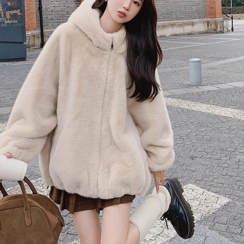 

Autumn Winter Zipper Warm Plush Outerwear Women Harajuku Loose Thicken Coat Female New Women's Hooded Jacket
