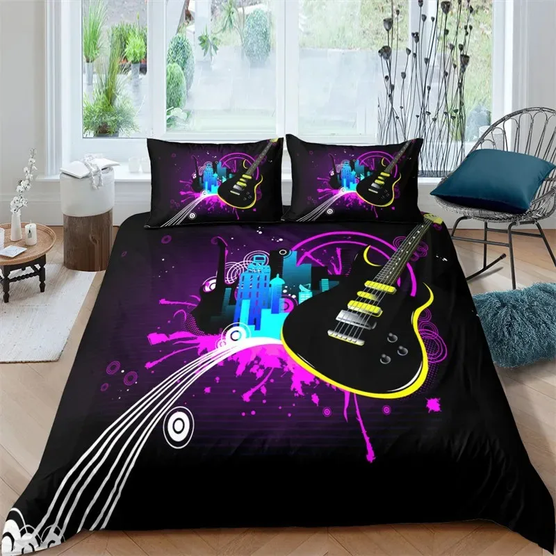 Guitar Queen Duvet Cover Set Rock Music Theme Bedding Set Colorful Electric Guitar Mics Design Adults Bedding with 2 Pillowcases