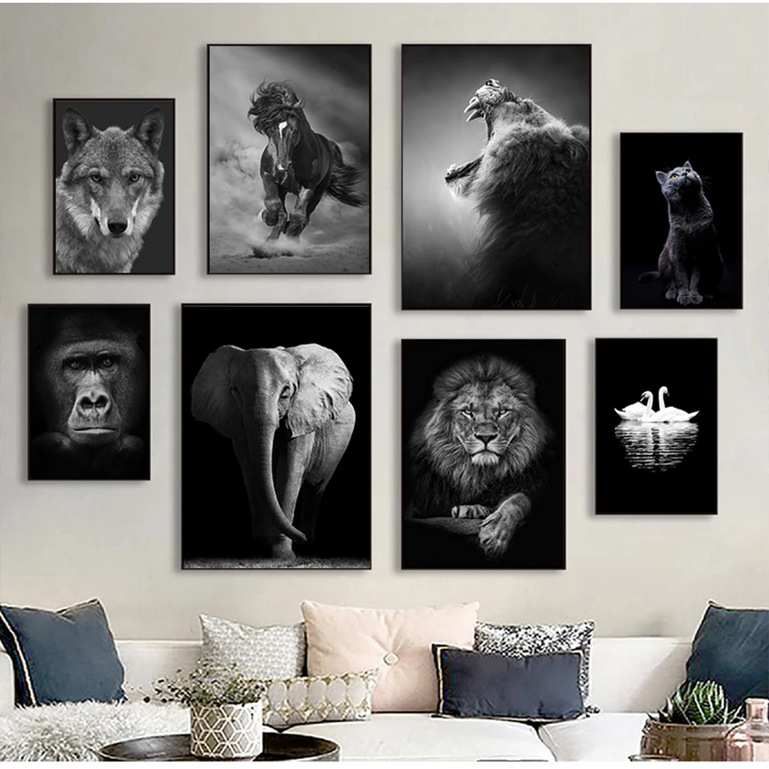 Imágenes para decoración de sala de estar, decoración del hogar, pintura en lienzo de animales, arte de pared, carteles e impresiones de pared de León, elefante y caballo