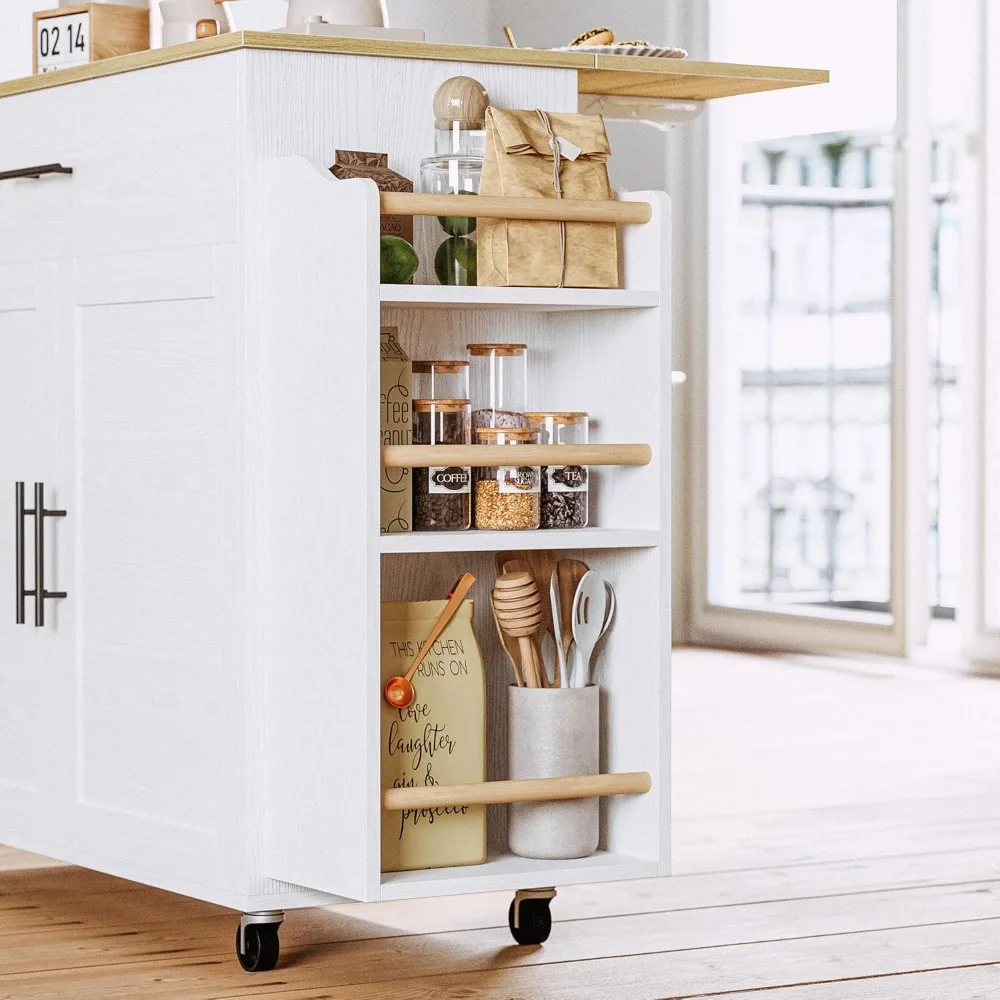 جزيرة المطبخ المتدحرجة مع أوراق متدلية وخزانة تخزين ورف توابل من 3 طبقات