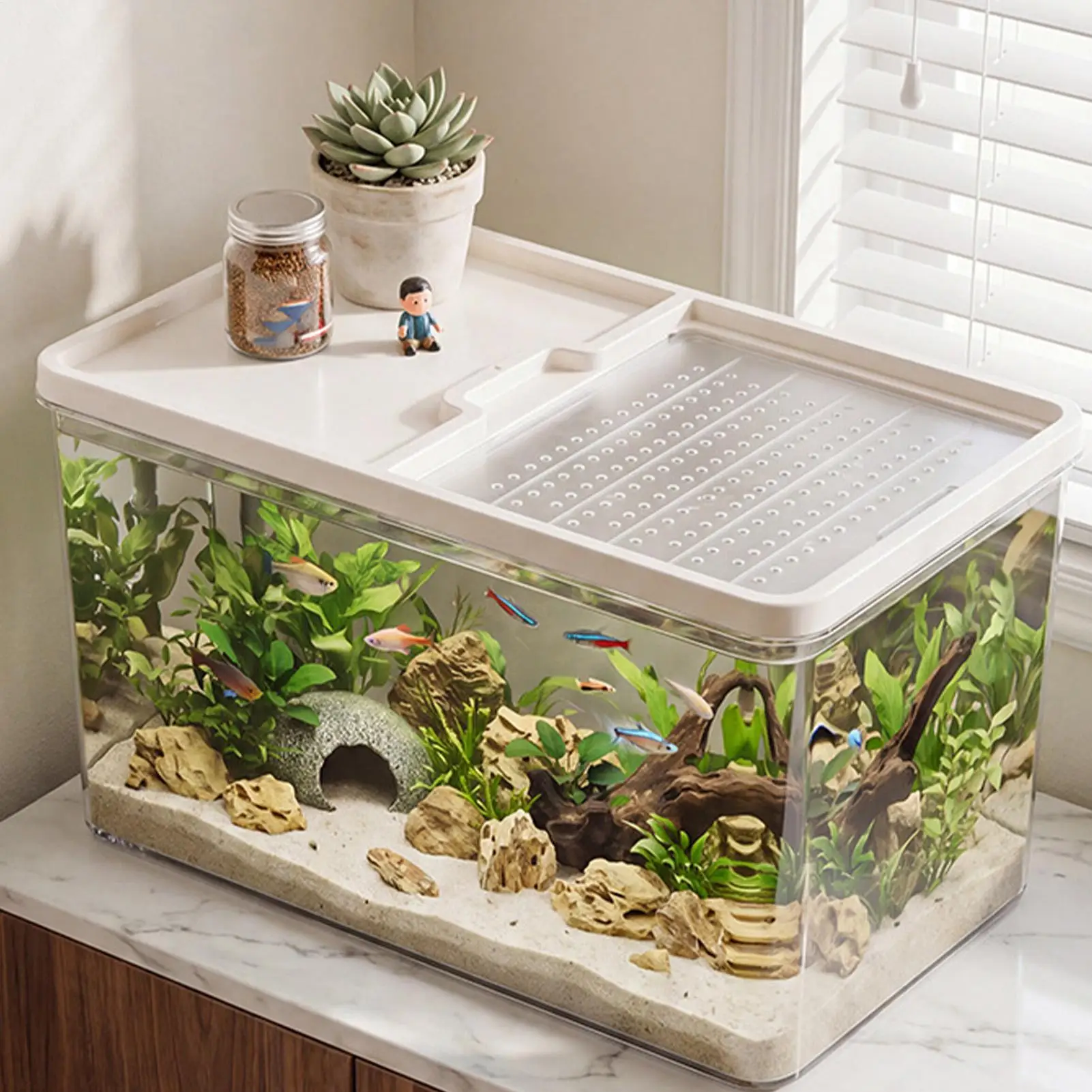 Turtle Habitat with Lid Ramp Clear Basking Small Terrarium Reptiles Turtle Aquarium House for Frog Shrimp Hermit Snake Leopard