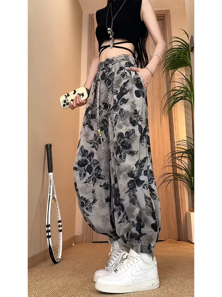 

Loose Ice Silk Drapey Wide Leg Casual Pants for Men And Women Summer Large Size Comfortable Loose Fit Printed Lantern Trousers
