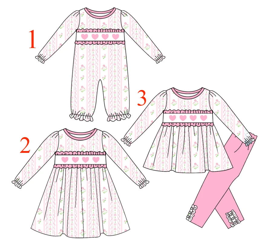 

Новые брюки с длинными рукавами и рюшами на День святого Валентина, розовые цветы и сердце, бутик-комплект для девочек, комбинезон и платье