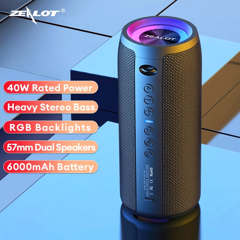 ZEALOT S51 Pro 40W Bluetooth Speaker Wireless Subwoofer TWS Portable Heavy Bass Stereo RGB Lights