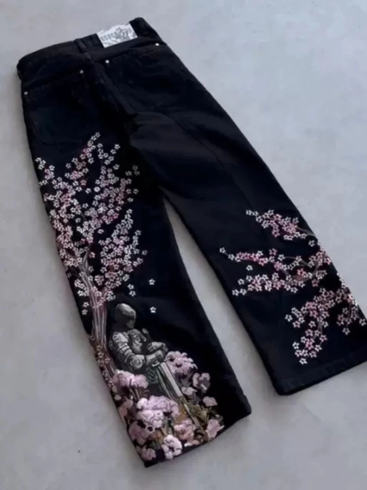HOUZHOU Vintage broderie jean femmes Y2k Hip Hop Style surdimensionné Denim pantalon gothique Harajuku rétro Streetwear pantalon à jambes larges