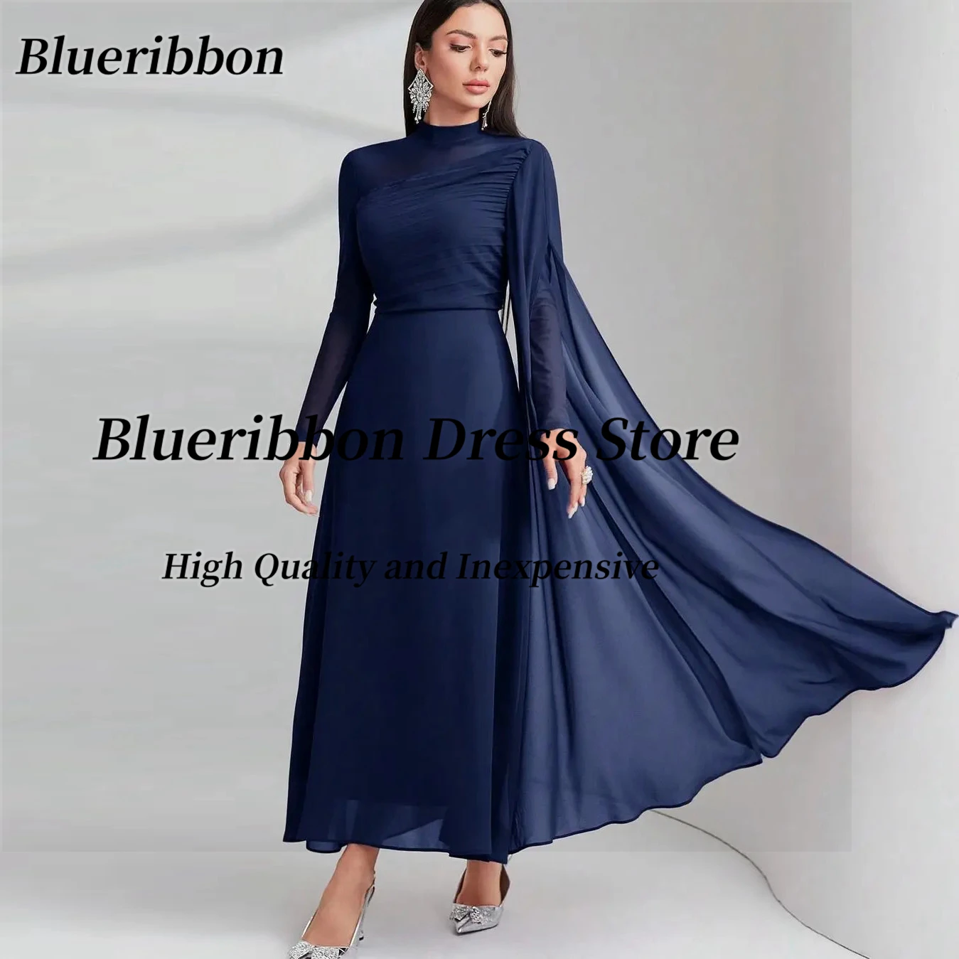 Blueribbon Jewel Neck Prom Dresses with Shoulder Flutters Long Sleeves Customized Ankle Length Chiffon Homecoming Party Gowns