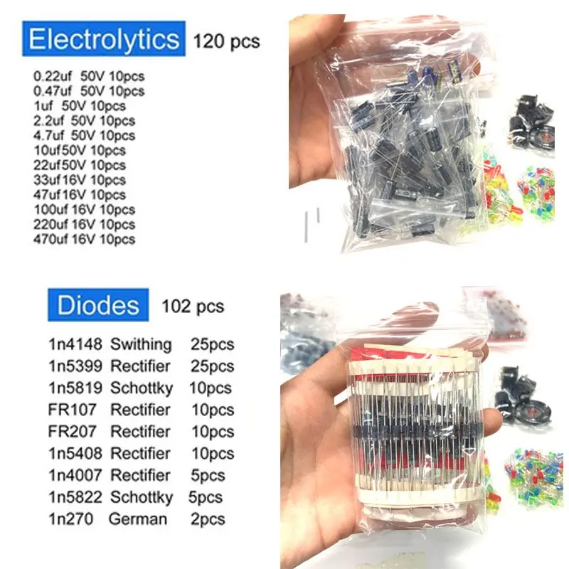 1900pcs Component Box Kit with Electrolytic Capacitors LED Diodes Transistors 1/4W Resistors