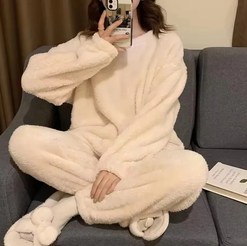 

Home Suit Winter Fleece Women Pajamas Set Sleepwear Solid Velvet 2 Piece Set Fluffy Casual Warm Flannel Night Wear