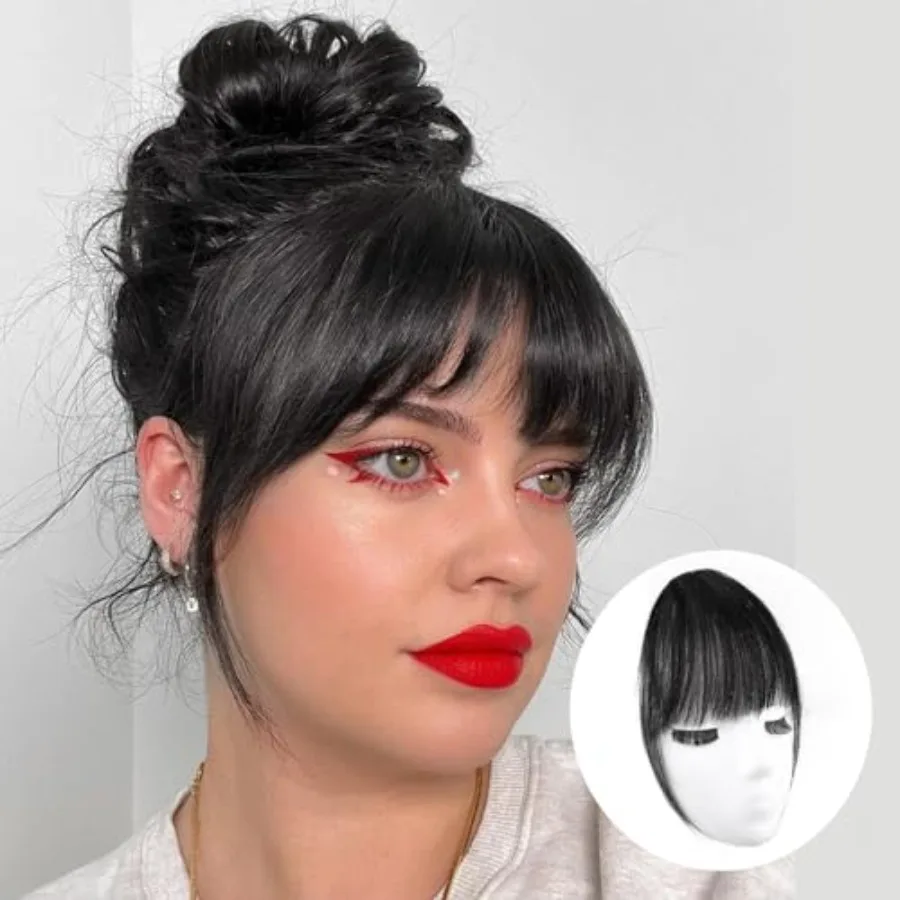 

Daily wear clip-in bangs for women: 100 human hair, wispy curved fringe in natural black, heat-resistant and seamless temple at