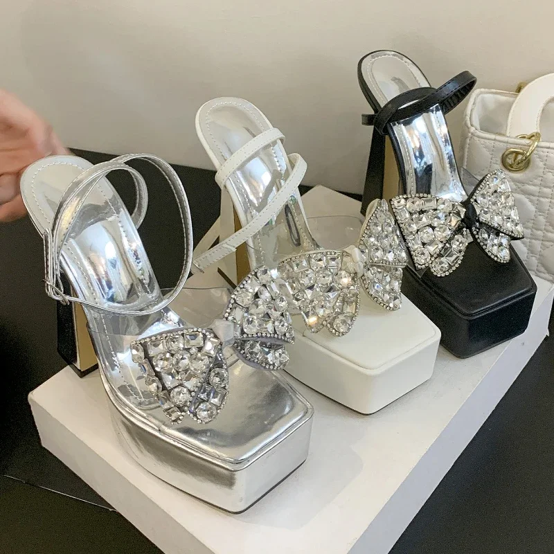 Luxury Rhinestone Transparent Platform Sandals Women Open Toe Summer Fashion Slingback Party Dress Shoes Crystal Bow High Heels