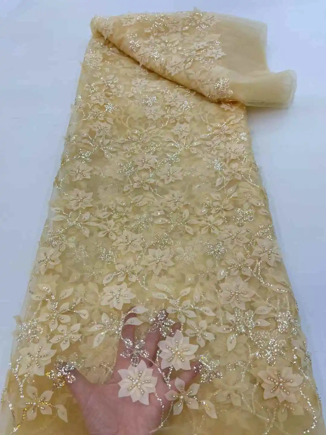 Luxury Beaded Embroidery African Lace Fabric High Quality French Sequined Tulle Fabric For Nigerian Wedding Party Dress XZ-32254