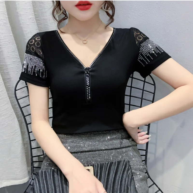 #7109 Black Red Casual Women's T-shirt V-neck With Zipper Sexy Spliced Lace Short Sleeve T Shirt Diamonds Tee Shirt Femme Summer