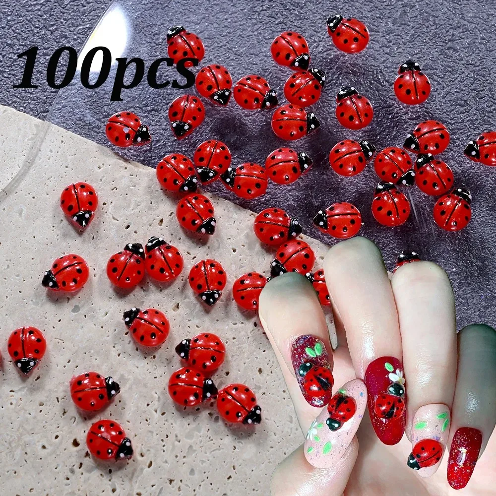 50/100pcs Resin Mini Red Beetle Nail Charms 8*10mm 3D Cute Ladybug Nail Art Decorations Y2K Beetle Insect DIY Nail Scrapbook