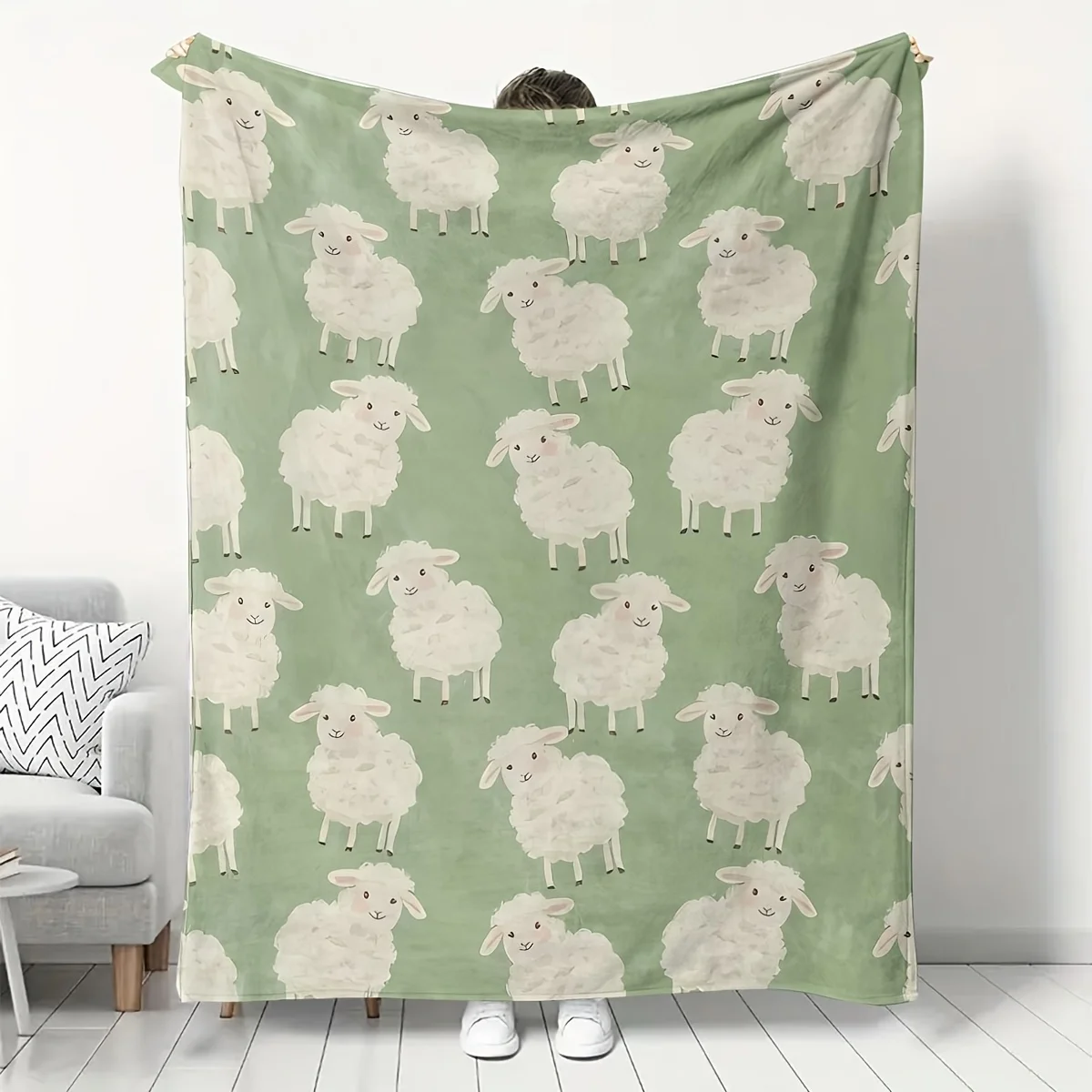 Green White Cute Sheep Pattern Throw Blanket - Adorable Animal Motif Soft Lightweight Accent for Sofa Bed Office Travel