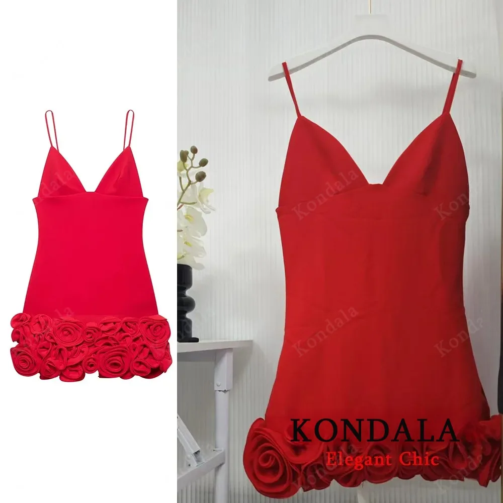 KONDALA automne femmes Sexy rouge Rose Mini robe col en v Cami Safty pantalon robe 2025 nouvelle automne mode vacances dîner Date robe de soirée
