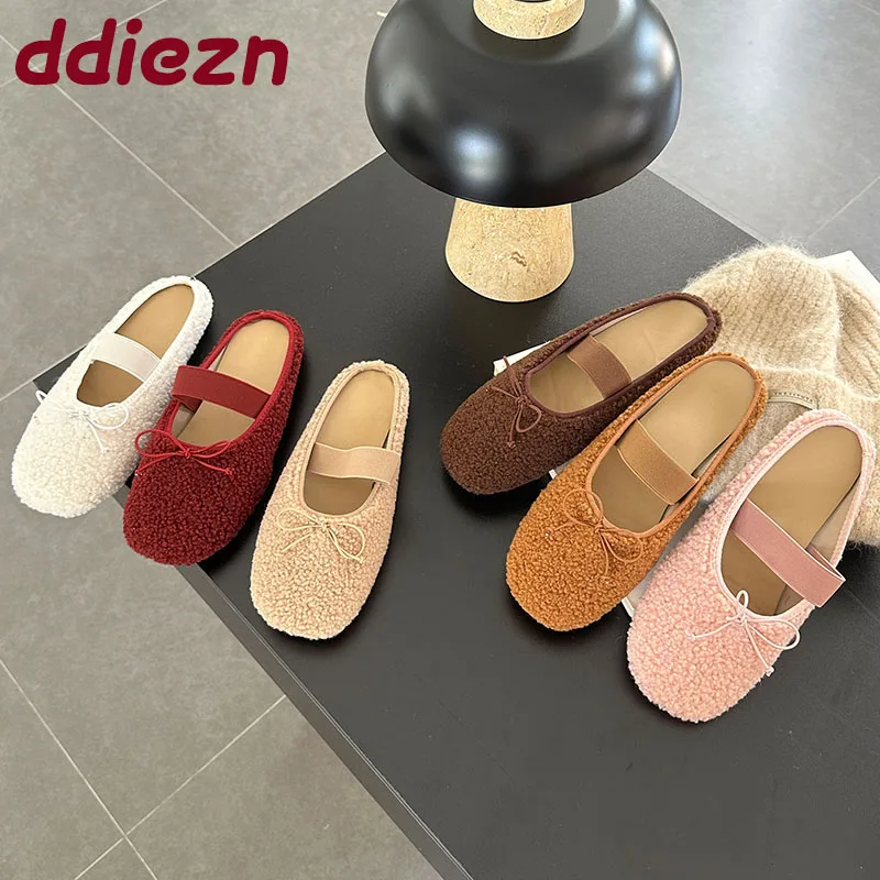 

Зимние теплые женские туфли на плоской подошве с меховой обувью, модные женские сабо с узлом-бабочкой, меховые тапочки, повседневные уличные домашние женские шлепанцы