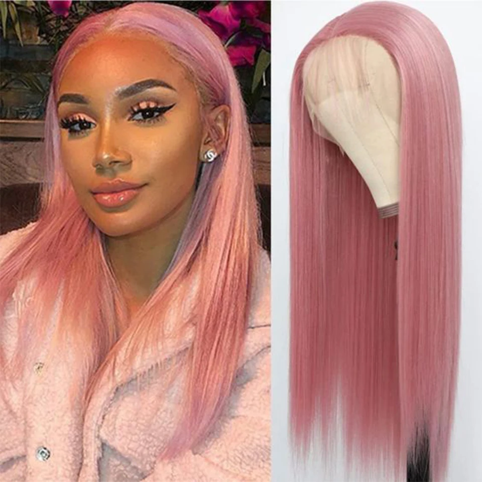 Sleek 26 Inch Pink Colored Human Hair Wigs For Women 13x6x1 Lace Front Wigs 24 Inch Pink Lace Front Wigs With Black Roots
