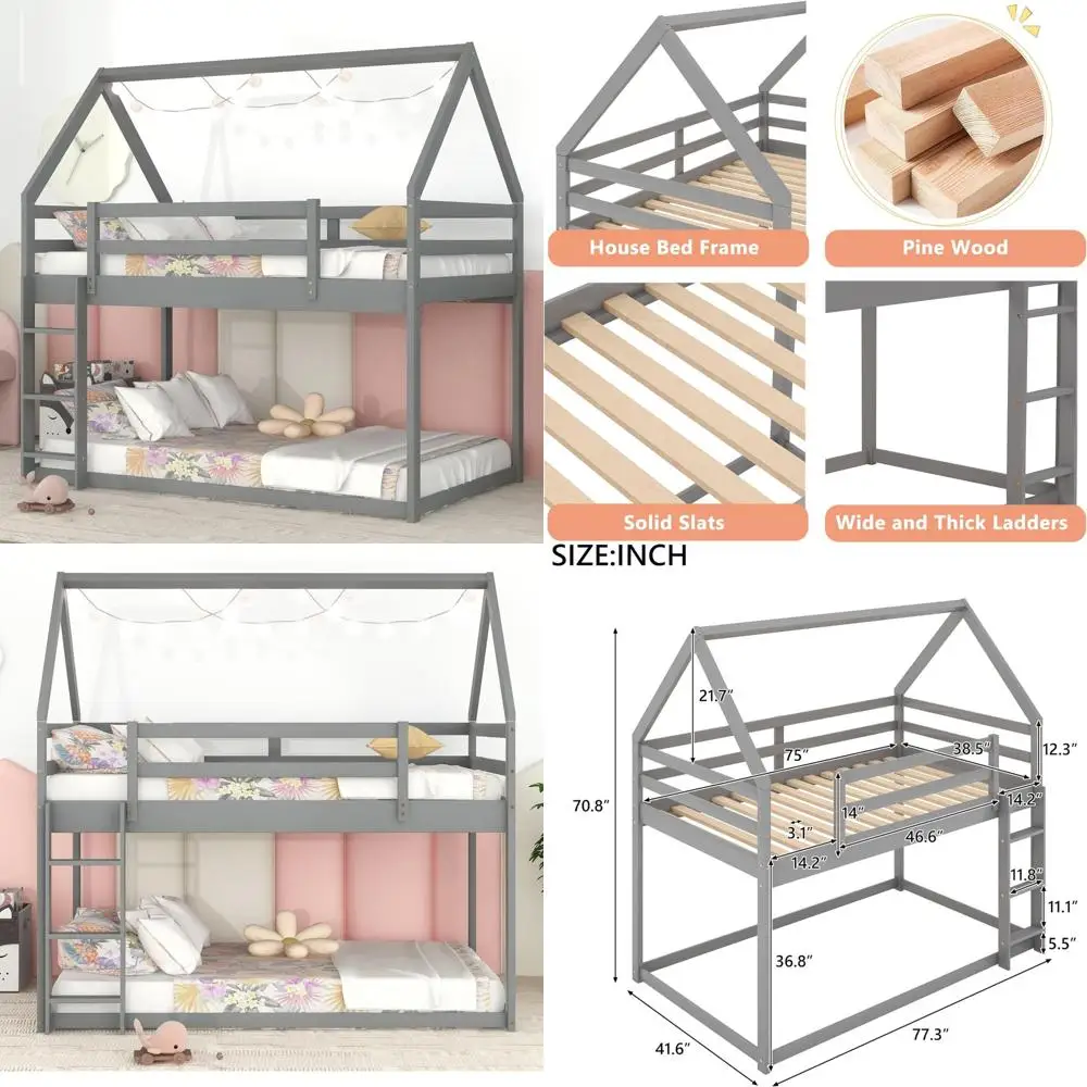 سرير توأم بطابقين للأطفال، أرضية خشبية، سلم ودرابزين، رمادي #1