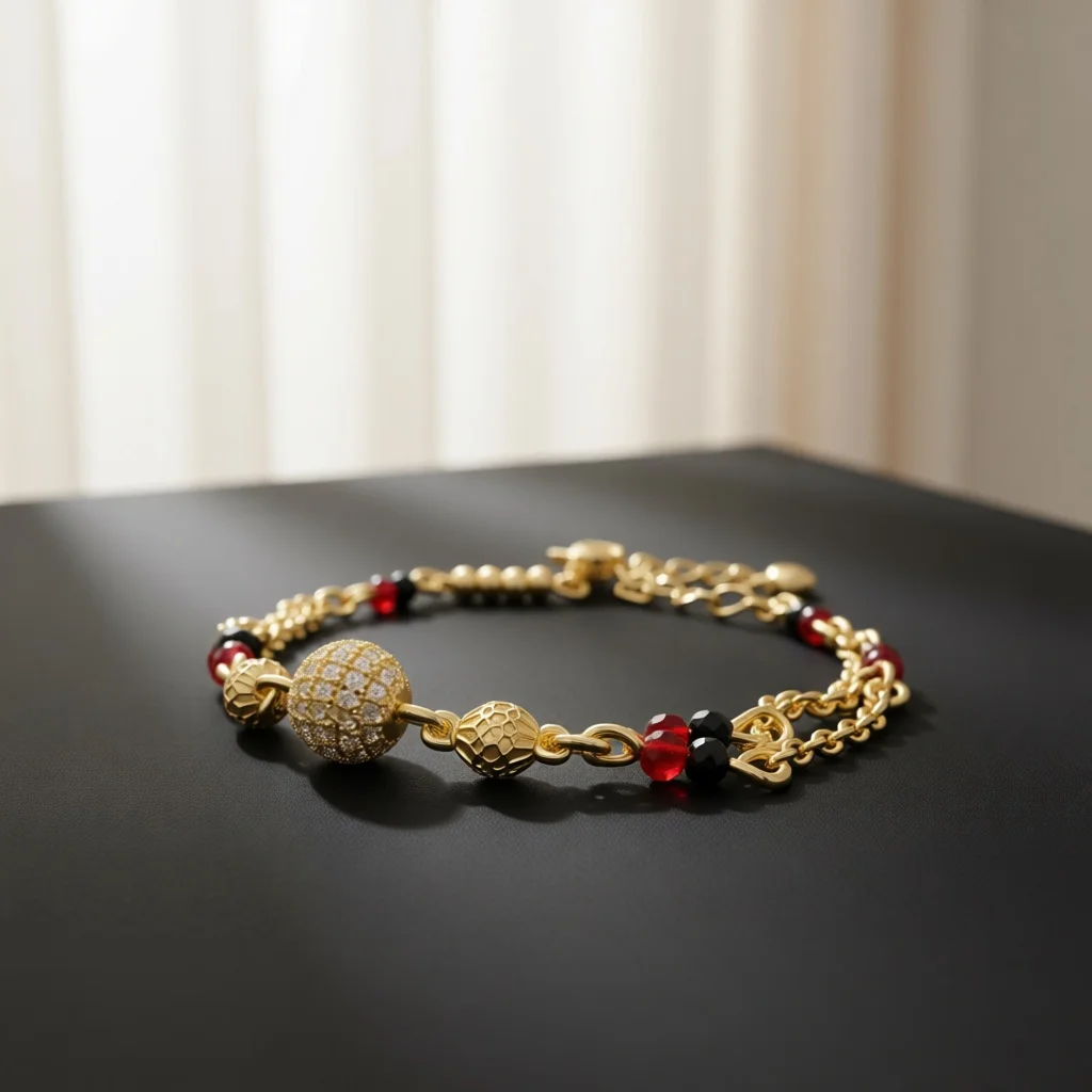 Silver‑Tone Red Black Crystal Ball Zircon Double Layer Bracelet for Women Adjustable Chain Bold Trendy Statement Fashion Jewelry