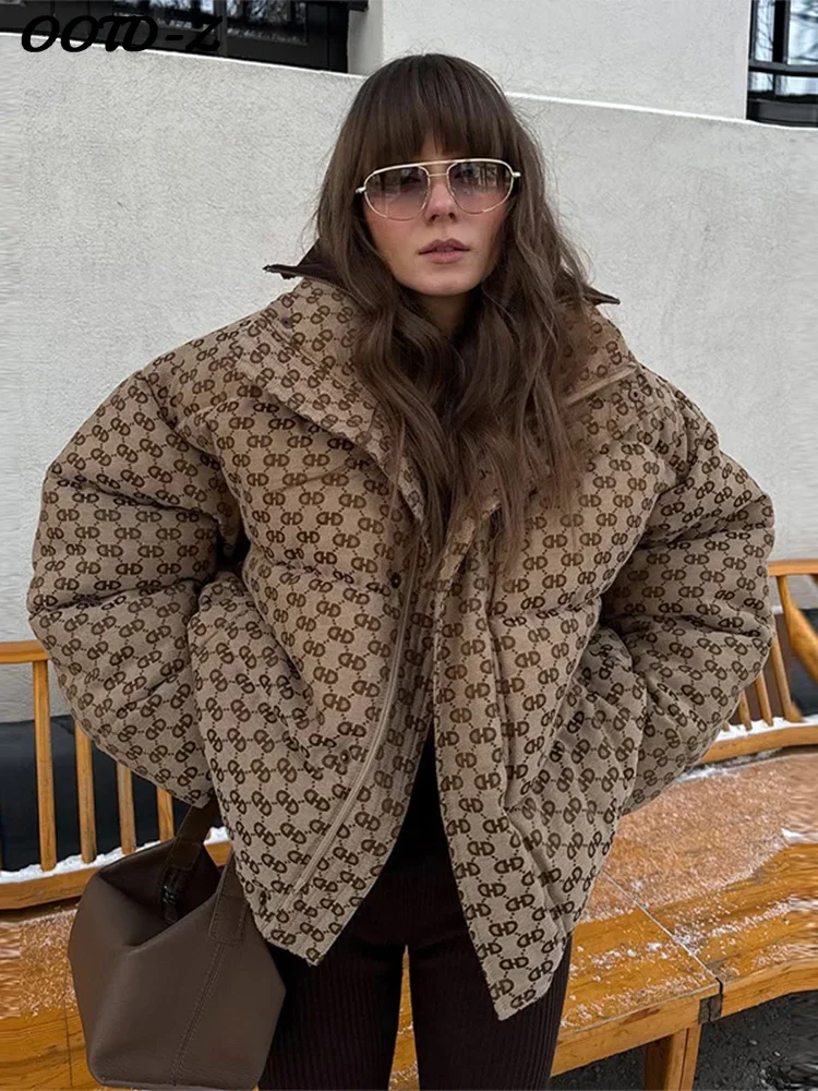 Stylish Alphabet Cotton Jacket Women Lapel Full Sleeve Zipper Short Coats Female 2025 Winter Chic Lady Warm All-matching Outwear